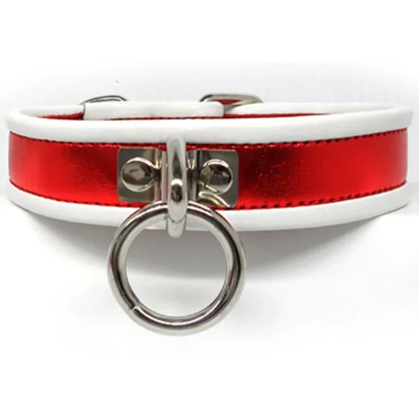 Leather O Ring Collar With Piping – Small/Medium (White/Red Metallic)