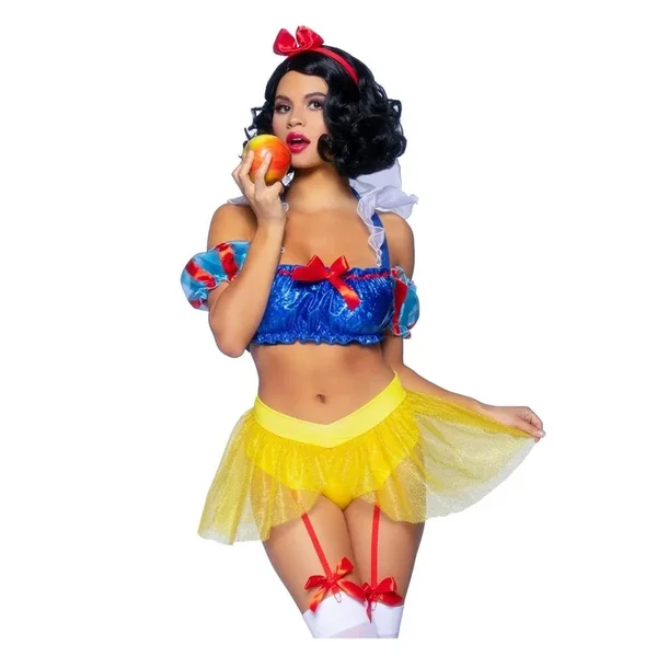 Leg Avenue Bad Apple Snow White, Shimmer Halter Bandeau with Organza Puff Sleeves and Ruffle Collar, Garter Panty with Shimmer Sheer Skirt, and Matching Bow Headband