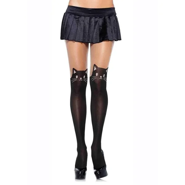 Leg Avenue Black Cat Spandex Opaque Pantyhose with Sheer Thigh Accent