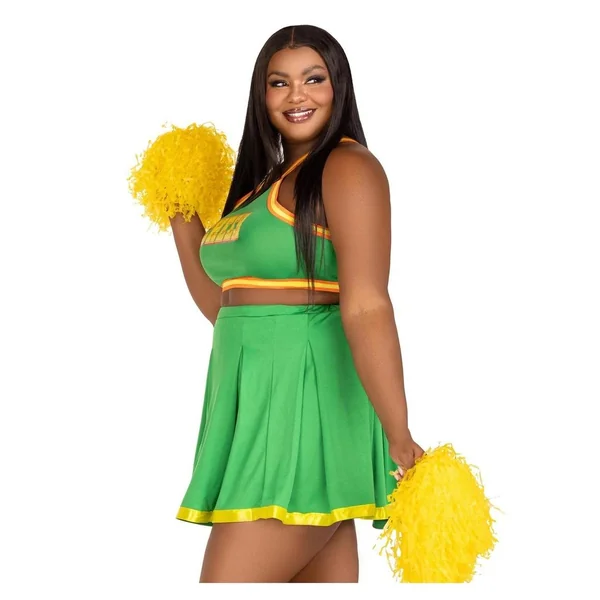Leg Avenue Bring It Baddie Set Top with Cheer Logo, Pleated Skirt and Pom Pom (3 Piece) – 1X/2X – Green