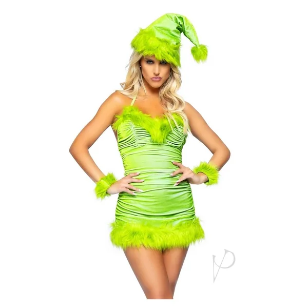 Leg Avenue Christmas Baddie Set Ruched Velvet Dress with Tie Back Halter Straps and Fur Trim, Wrist Cuffs, and Hat (3 Piece) - XSmall - Green