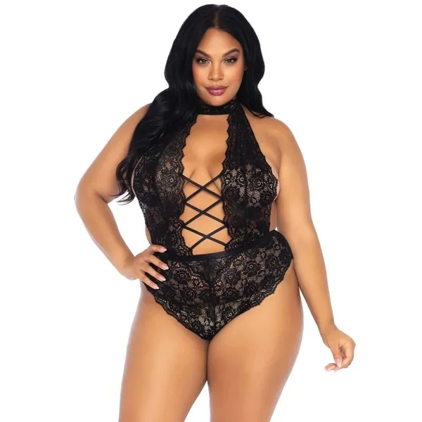 LEG AVENUE – FLORAL LACE CROTHLESS TEDDY PLUS SIZE