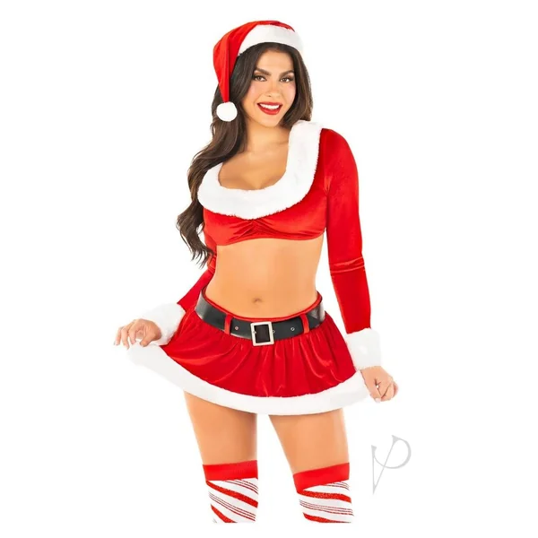 Leg Avenue HoHo Hottie Set Velvet Crop Top with Faux Fur Trim, Mini Skirt, Belt, and Santa Hat (4 Piece) - Extra Small - Red/White