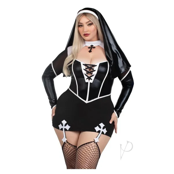 Leg Avenue Holy Hottie Set Boned Garter Dress with Cross Accents and Nun Habit (2 Piece) - 3X/4X - Black/White