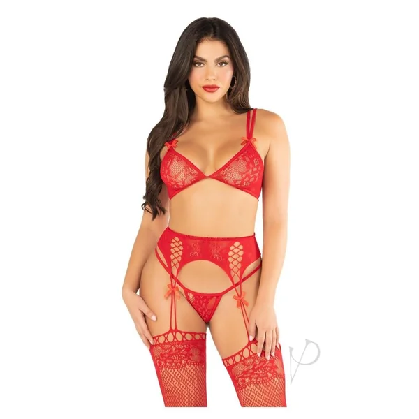 Leg Avenue Lace Bra Top with Dual Strap Detail, G-String Panty and Lace Top Garter Belt Stockings (3 Piece) - OS - Red
