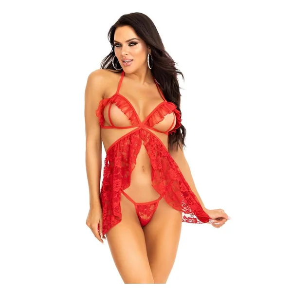 Leg Avenue Lace Flyaway Babydoll with Ruffle Peek-A-Boo Cups and Lace G-String
