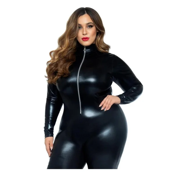 Leg Avenue Lame Zipper Front Cat Suit – 3X/4X – Black