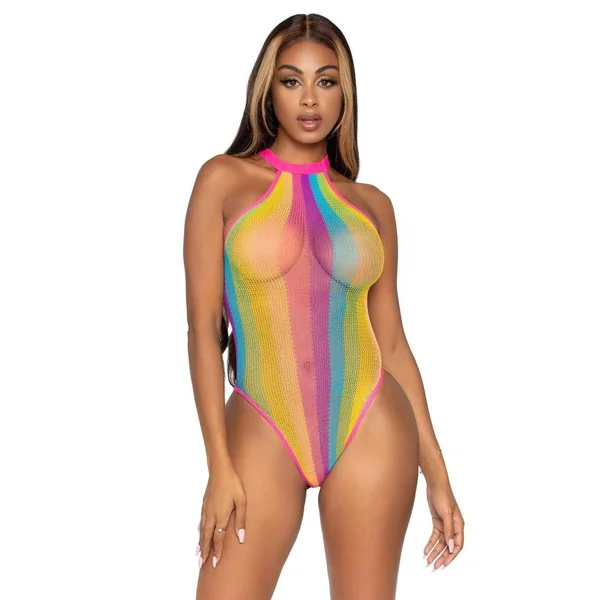 Leg Avenue Rainbow Striped Net Halter Bodysuit with Snap Crotch
