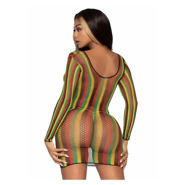 Leg Avenue Rasta Net Long Sleeved Mini Dress – Multicolor – O/S