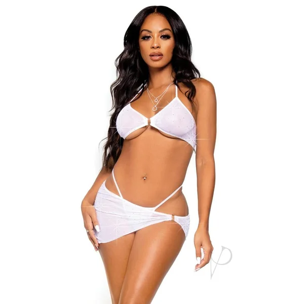 Leg Avenue Rhinestone Mesh Bra Top with Ring Accent, G-String Panty and Matching Sarong (3 pieces) - Large - White