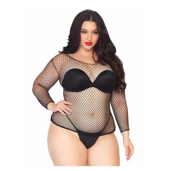 Leg Avenue Spandex Long Sleeved Industrial Net Shirt - Black - 1x-2x