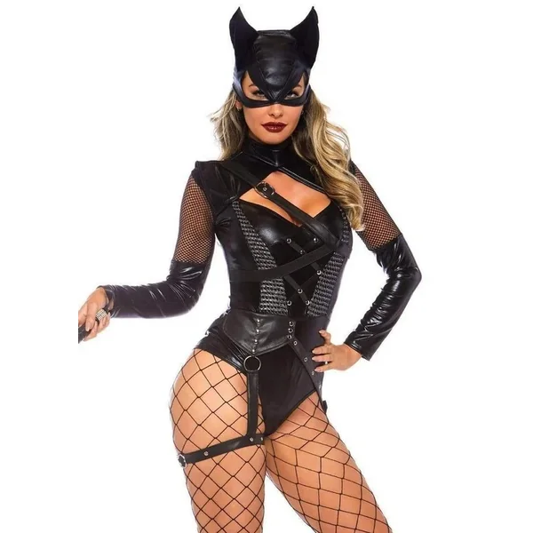 Leg Avenue Villainess Vixen Spandex Strappy Bodysuit with O-Ring Attached Garter and Matching Hooded Mask