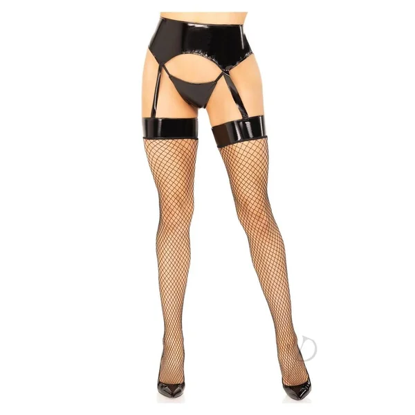 Leg Avenue Vinyl Garter Belt with Attached Fishnet Stockings and Matching G-String Panties (2 Piece) - Medium/Large - Black