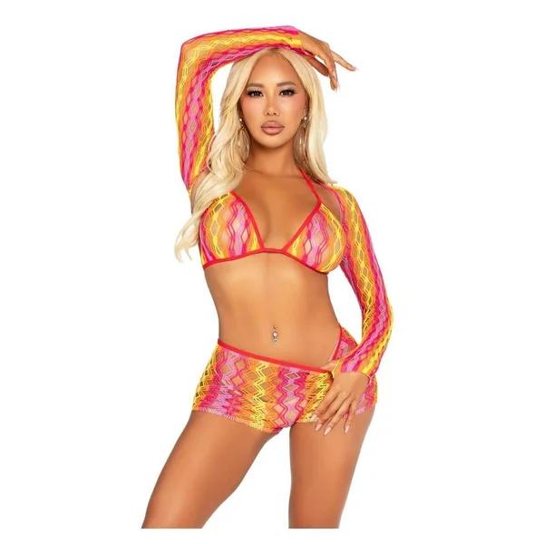 Leg Avenue Zig Zag Net Bikini Top, Boyshorts, and Shrug