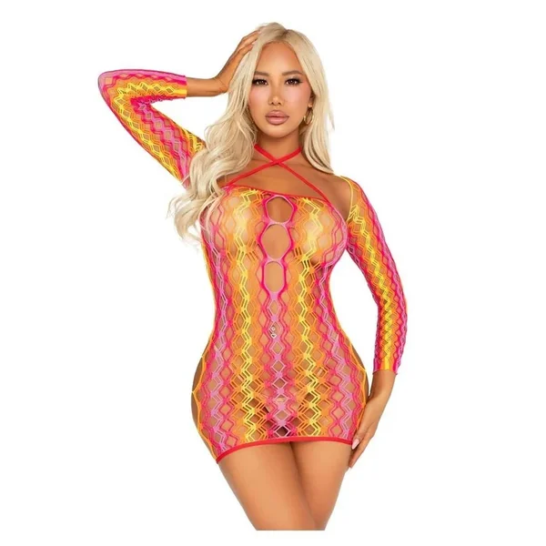 Leg Avenue Zig Zag Net Twist Halter Mini Dress with Keyhole Detail and Shrug