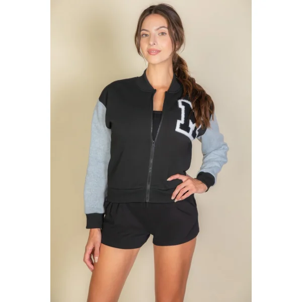 Letter Patched Striped Trim Varsity Jacket