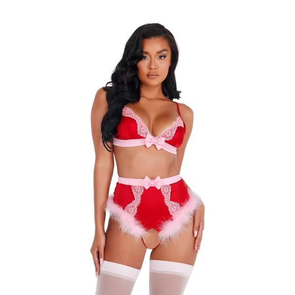 LI424 - 2pc Lace & Satin Marabou Bra Set