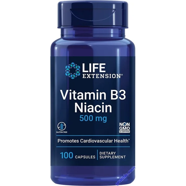 Life Extension Non GMO Vitamin B3 Niacin 500mg 100 Caps Gluten Free