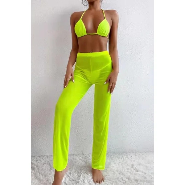 Lime Mesh Halter Sexy Three Piece Swimsuit