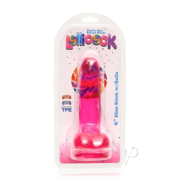 Lollipop Slim Stick Dildo with Balls 6in - Cherry Ice
