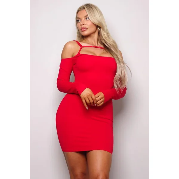 Long Sleeve Cuff Front Strap Mini Dress