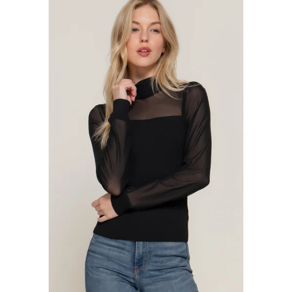 Long Slv Mesh Panel Detail Sweater Top