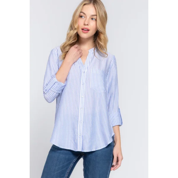 Long Slv Split Round Neck Stripe Woven Shirt