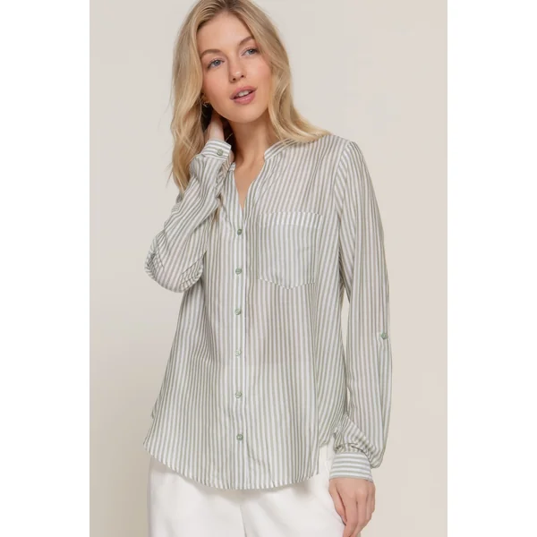 Long Slv Split Round Neck Stripe Woven Shirt