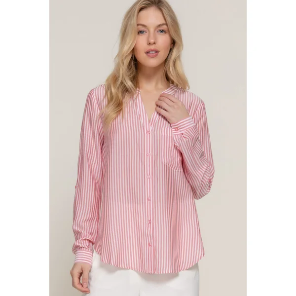Long Slv Split Round Neck Stripe Woven Shirt