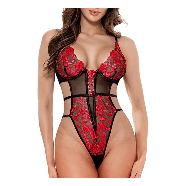LOVE YOU SEXY Women Lace Teddy Lingerie Floral Embroidery Lace Underwired Bra Bodysuit Lingerie