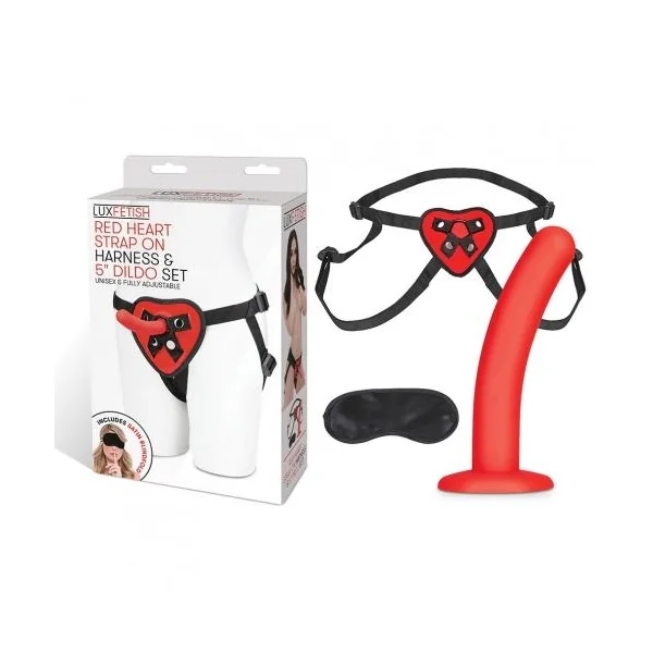 Lux Fetish Red Heart Strap On Harness & 5in Dildo Set