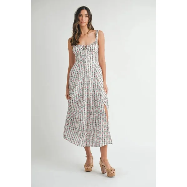 MABLE Floral Print Bustier Back Lace Up Midi Dress