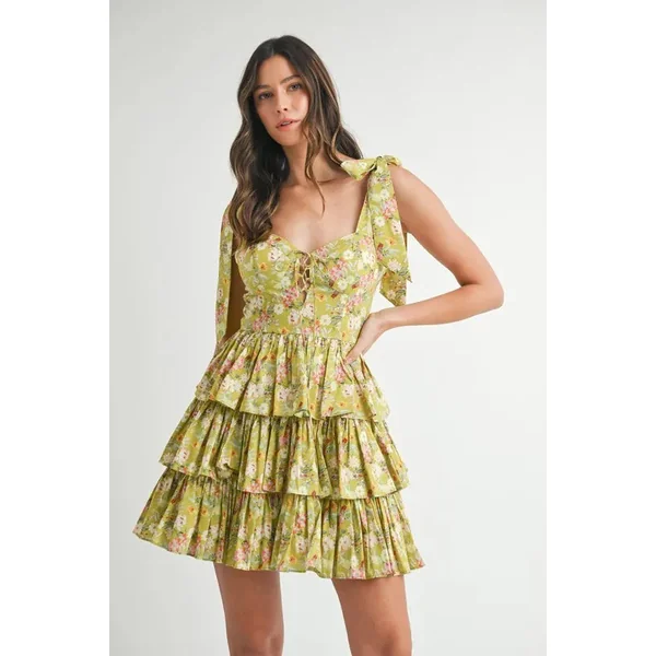 MABLE Floral Print Shoulder Tie Layered Mini Dress