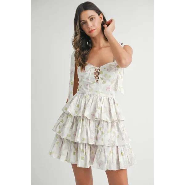 MABLE Floral Print Shoulder Tie Layered Mini Dress