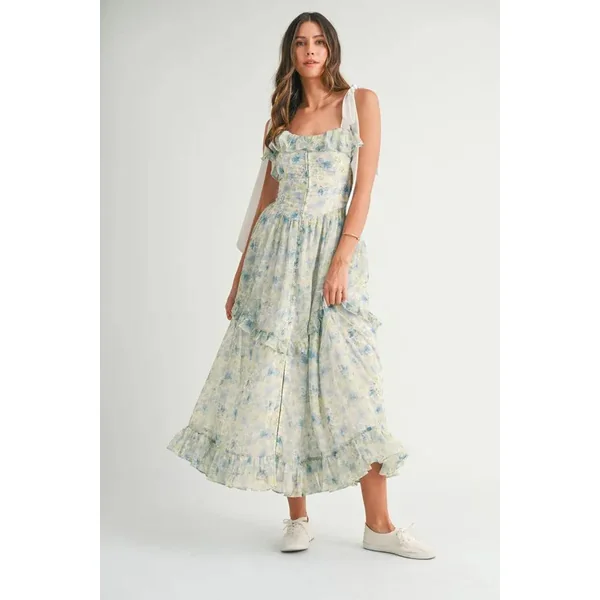MABLE Floral Printed Shoulder Strap Midi Dress
