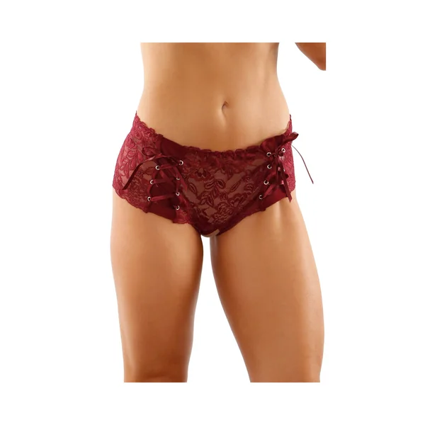Magnolia Crotchless Lace Boyshort With Lace-up Panel Details Garnet S/m