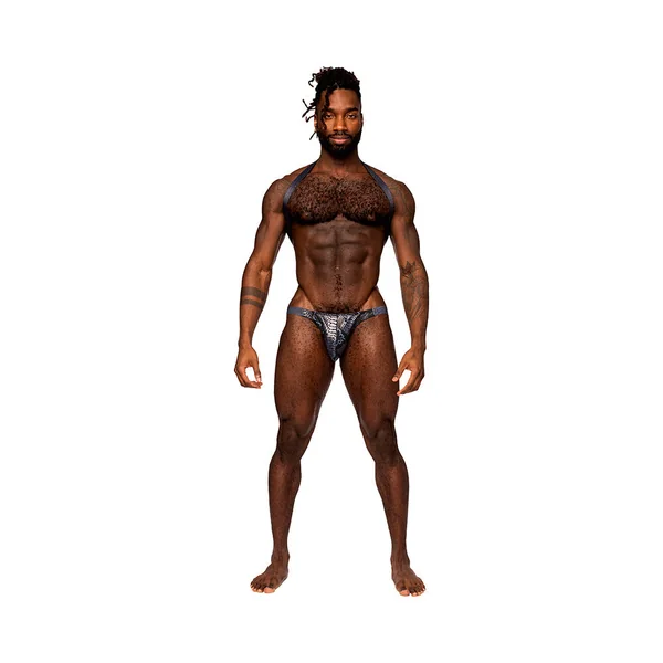 Male Power S''naked Shoulder Sling Harness Thong One-Piece Black/Blue L/XL