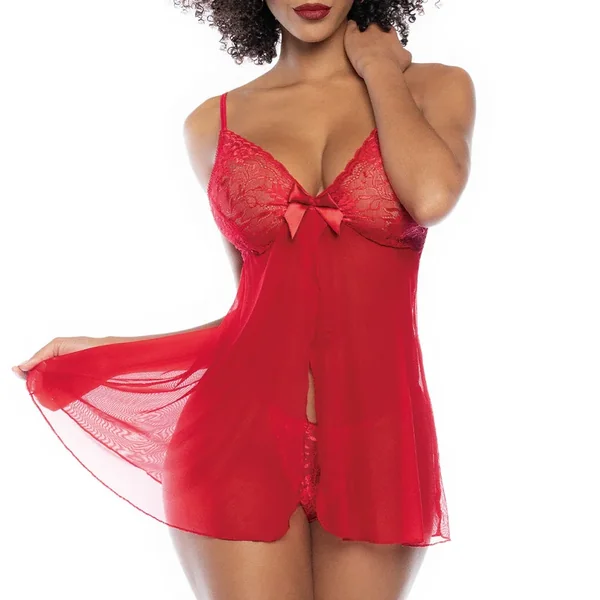 Mapale Sheer Mesh Split-Front Babydoll & Thong