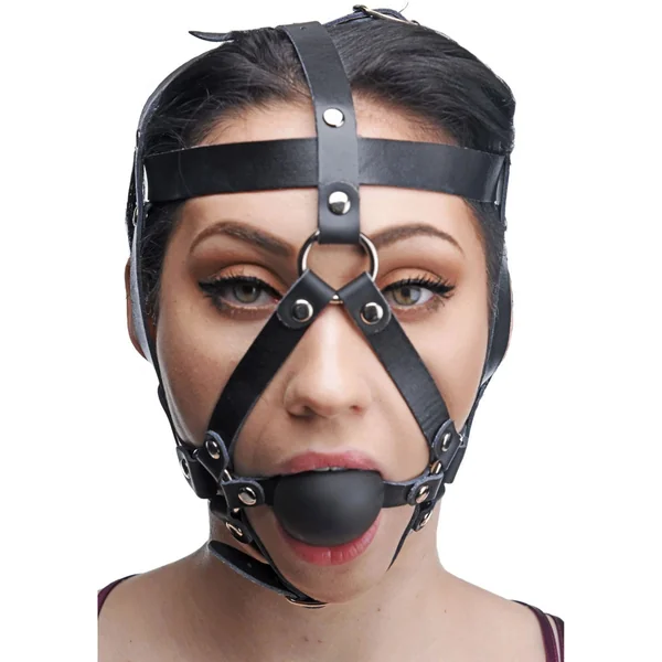 Master Series Leather Head Harness With Ball Gag Black