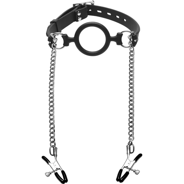Master Series Mutiny Silicone O-gag With Nipple Clamps Black