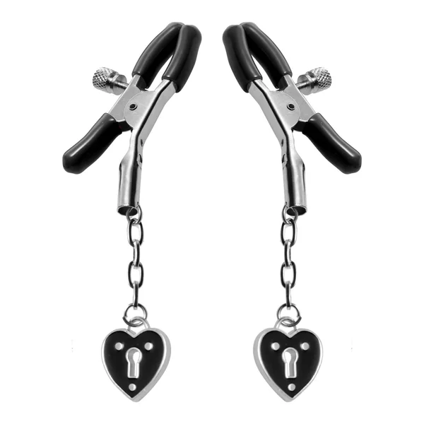 Master Series Platinum Bound Charmed Heart Padlock Nipple Clamps
