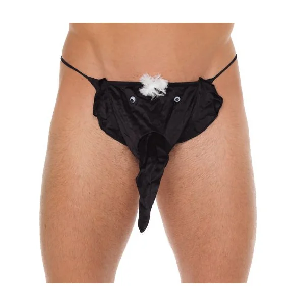 Mens Black GString With Elephant Animal Pouch