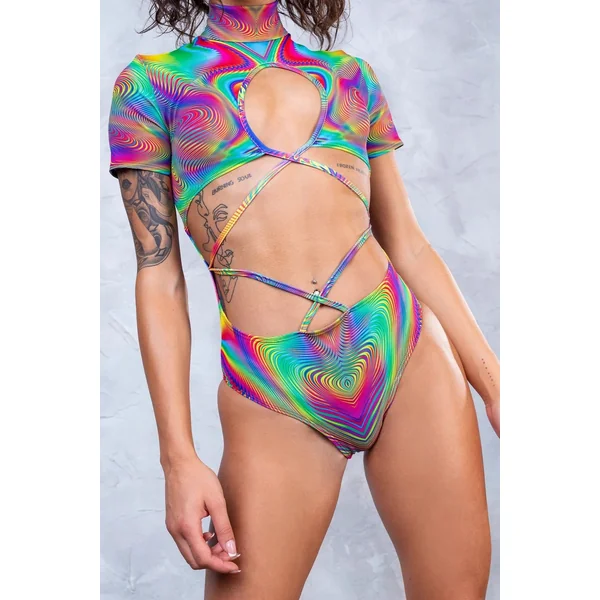 Multi Print Reflective Cut-Out Strappy Monokini Sexy 1Pc Swimsuit Bodysuit