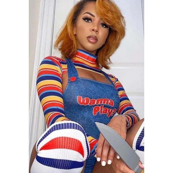 Multi Stripe Blue Overall Bodysuit 2 Pc Scary Doll Sexy Costume