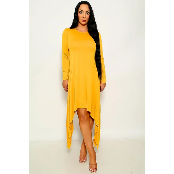 Mustard Long Sleeve High Low Asymmetric Dress
