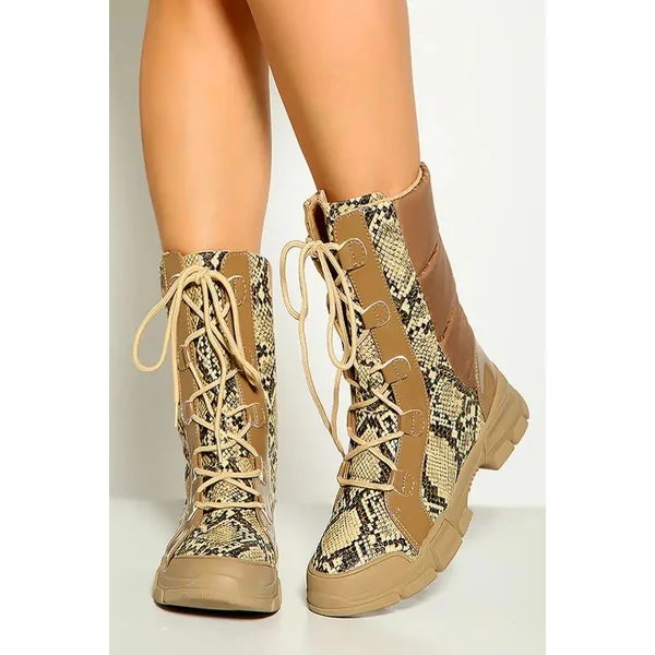 Nude Snake Print Lace Up Combat Boots