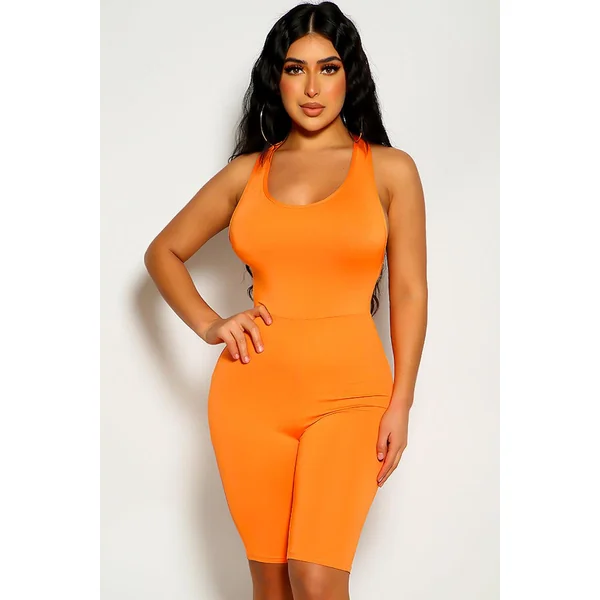 Orange Sleeveless Knee Length Romper