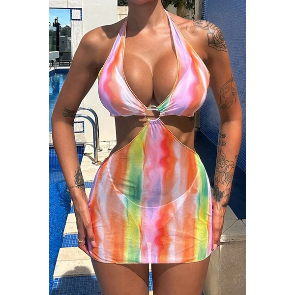 Orange Tie-Dye Cover-Up Dress White Bikini 3Pc Swimsuit Set