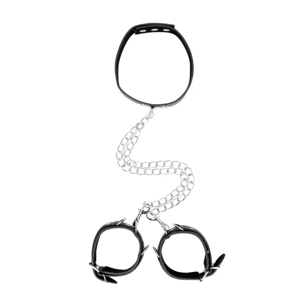 Ouch! Bonded Leather Collar with Hand Cuffs and Leash