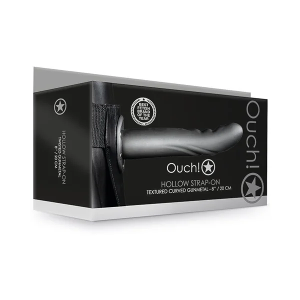 Ouch! Textured Curved 8 in. Hollow Strap-On Gunmetal